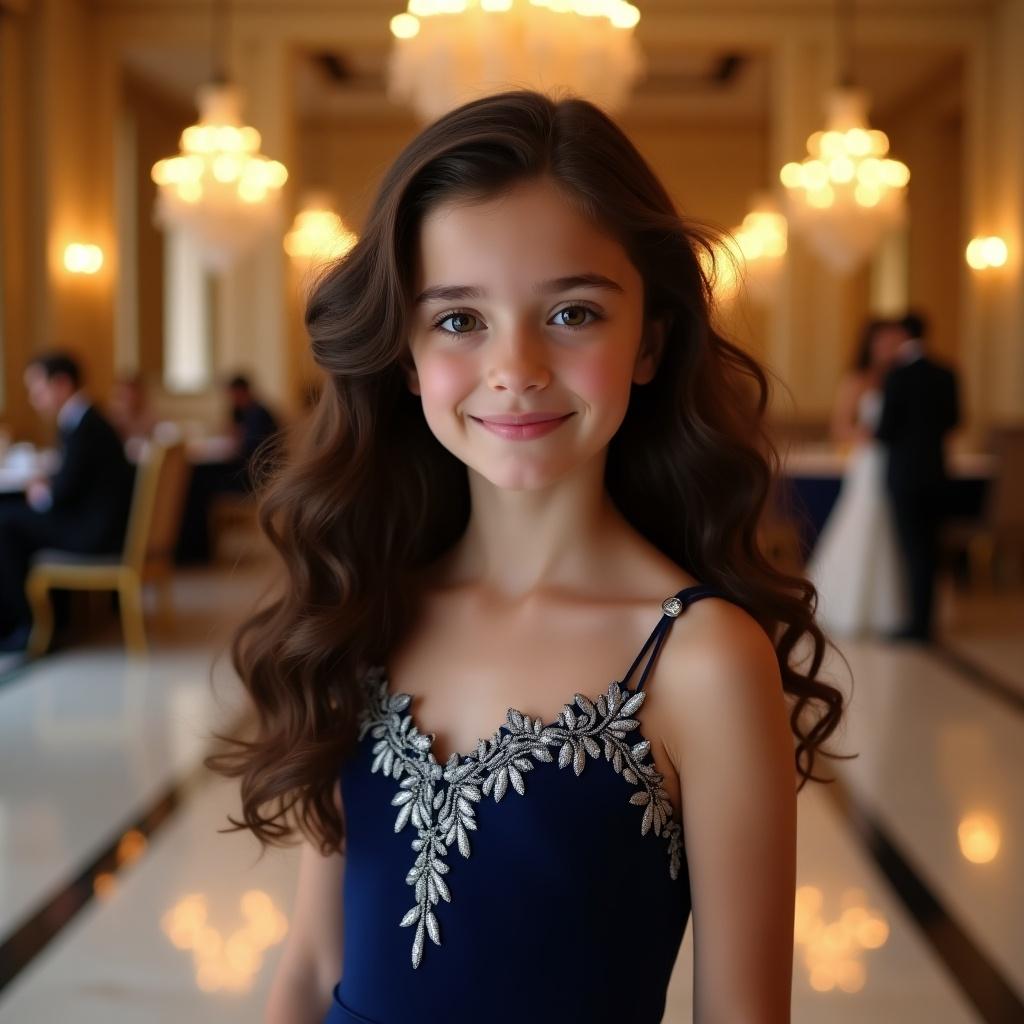 A young girl with almond-shaped hazel eyes and a small button nose. Full lips framed by high cheekbones. Long, wavy dark brown hair styled in elegant curls. Wearing a midnight blue evening gown with silver embroidery. Background features an opulent ballroom with golden chandeliers reflecting on marble floors.