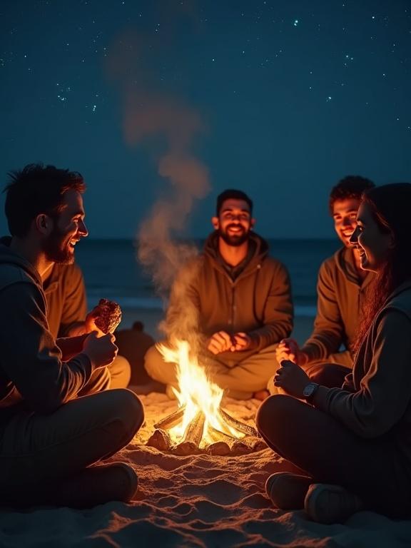 First-person viewpoint of sitting around a campfire on the beach at night. Warmth radiates against the body. Holding roasted meat with smoke curling into the night sky. Stars twinkle above. Sounds of laughter and storytelling fill the air. Flames illuminate the faces of companions.