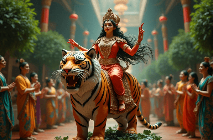 A divine figure in ornate attire rides a tiger, surrounded by worshippers in a grand, lantern-lit hall.