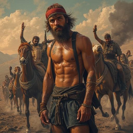 A group of warriors on horseback in a desert setting. The foreground features a muscular man with long hair, wearing minimal clothing, leading the charge. Other warriors raise their arms in the air. The scene is filled with intensity and energy against a rugged landscape.