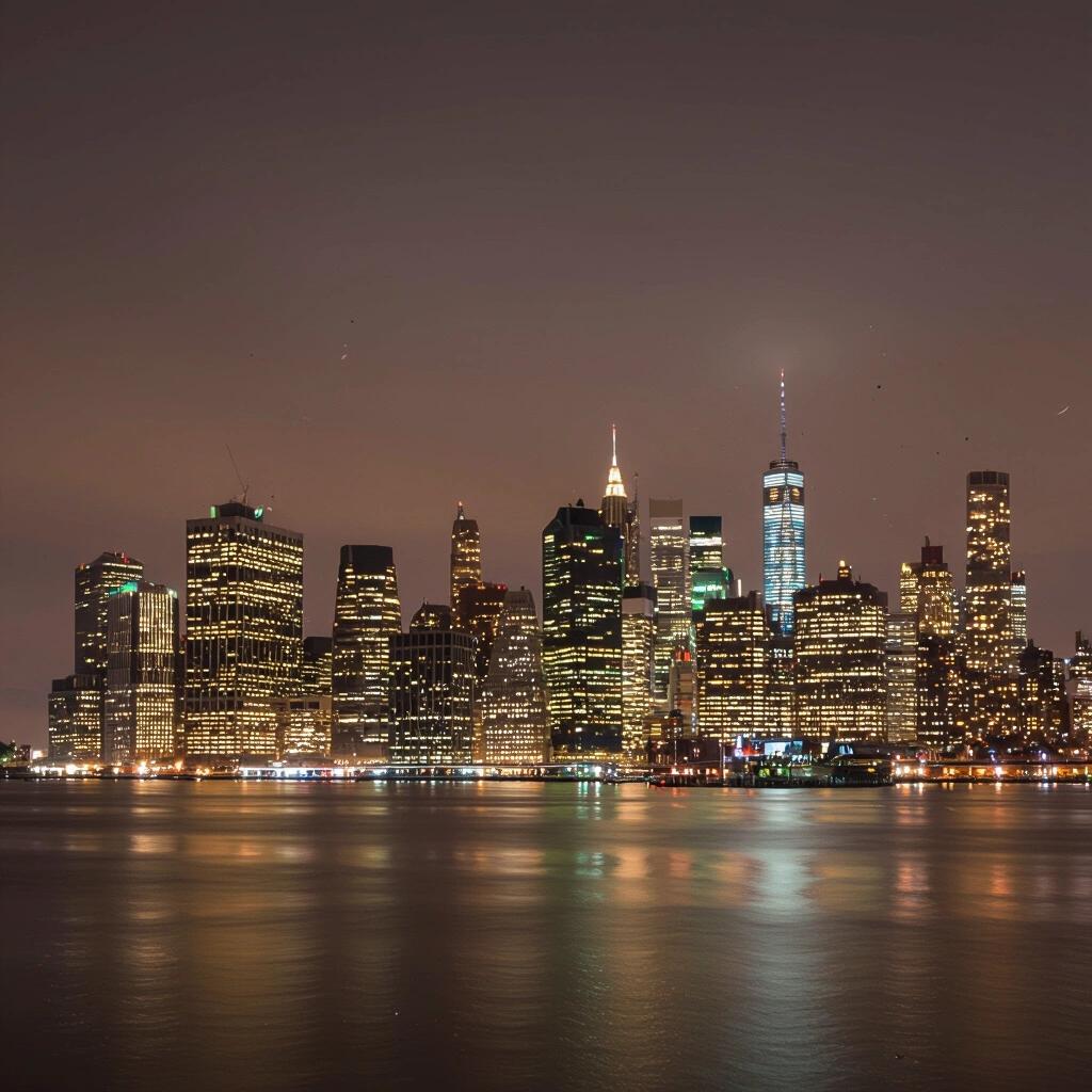 City skyline at midnight. Bright lights reflect on water. Stars in the sky. Vibrant urban landscape. Wide angle perspective of city buildings.