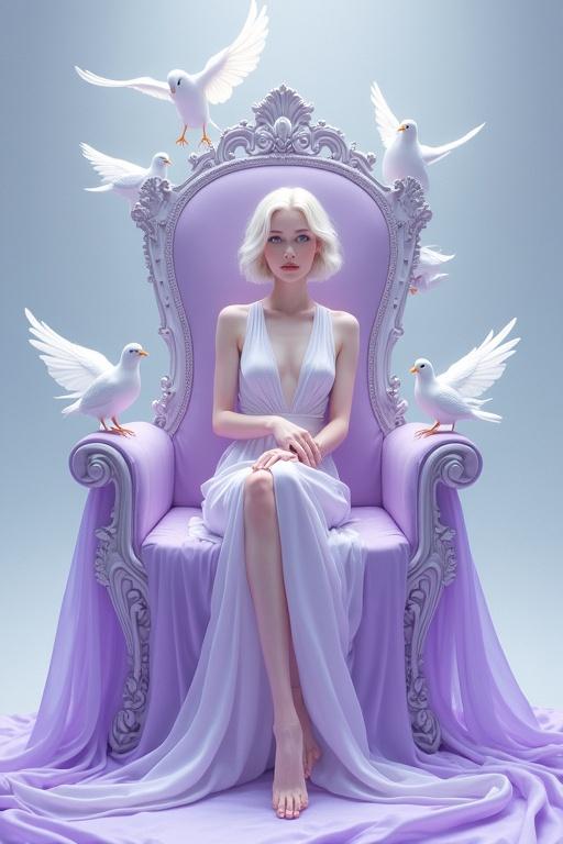 Highly detailed surrealistic digital artwork featuring a slender woman with fair skin and platinum blonde hair sitting on an ornate throne. The throne has flowing lavender fabric and is surrounded by white birds in mid-flight. The background is a blend of pale blue and lilac, creating a calming atmosphere.