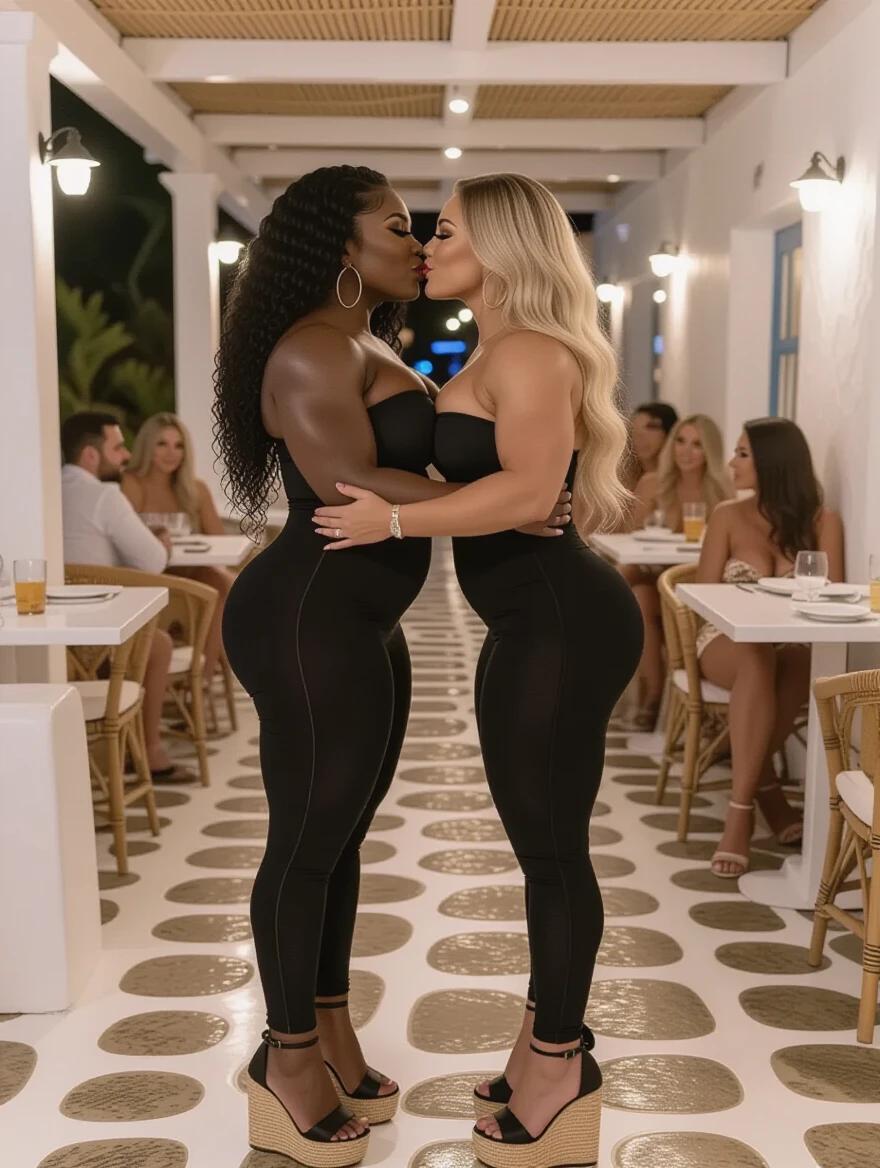Two muscular women with distinct skin tones. One woman has long curly black hair while the other has long wavy blonde hair. Both wear tight black bandage dresses and high espadrille heels. They stand close and embrace in a Mykonos restaurant setting with dim lighting and people in the background.