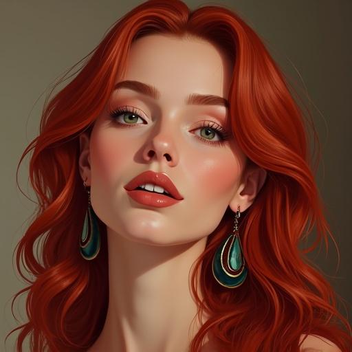 A beautiful woman with long curly red hair is wearing long earrings. The focus is on her stunning features.