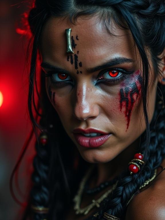 Close-up portrait of a barbarian woman. Piercing red eyes. Dark skin with tribal markings. Lips snarl in defiance. Braided hair decorated with red beads and bone charms. Blood smeared on cheek. Dark cavern background with red lighting. Gritty and realistic style.