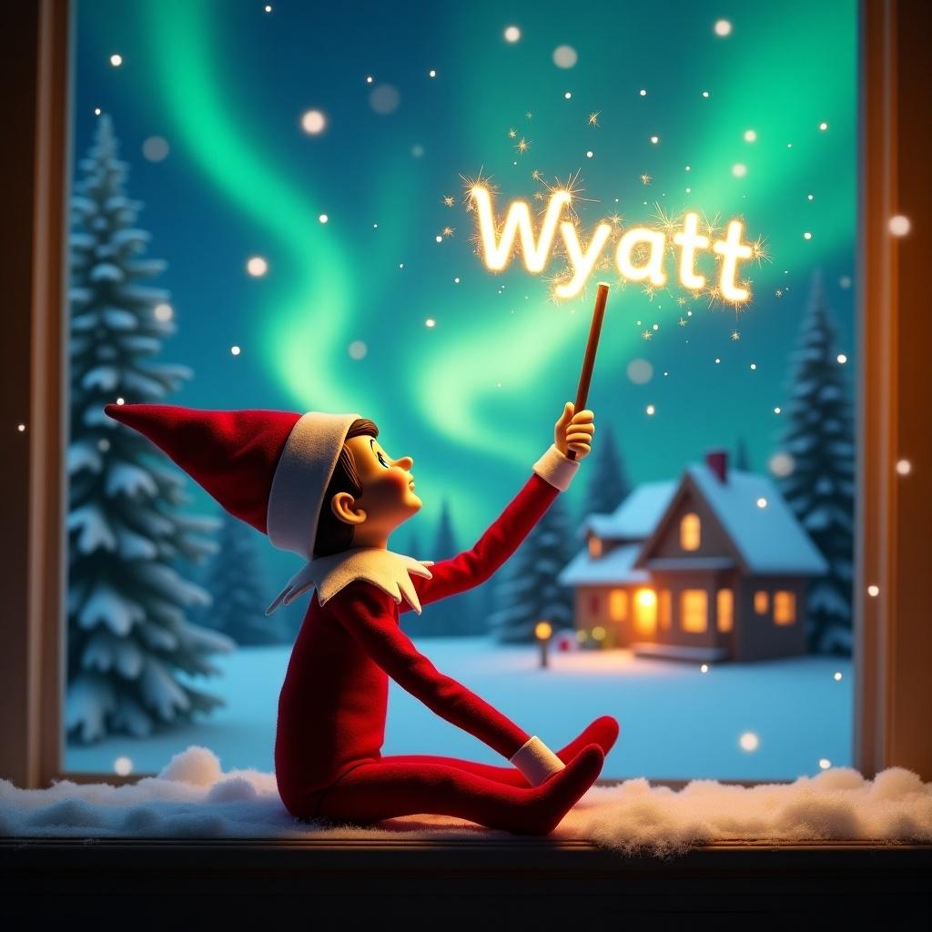 An elf is seated with its back turned, looking up. It holds a luminescent wand that sparkles. The backdrop features colorful northern lights above a cute decorated house. Snow blankets the ground. The elf is positioned playfully, representing Christmas magic. The word 'Wyatt' shines in the air from the wand.