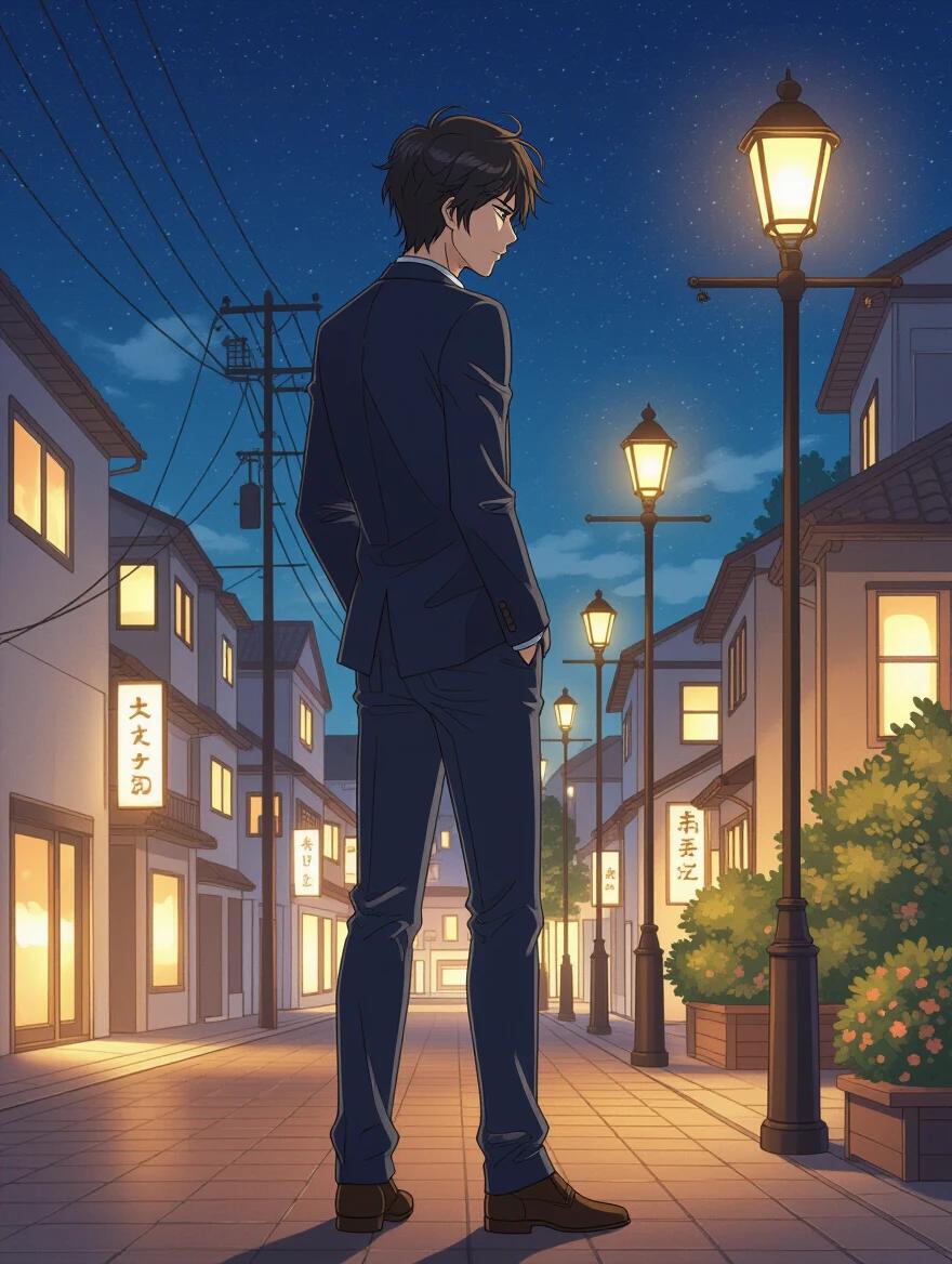 A full-body vertical illustration of a 34-year-old man standing at night. He has a slim build and medium height. He stands composed and slightly turned away, looking back over his shoulder. Dark, thick wavy hair falls over his forehead. His eyes are partially visible, showing a layered expression. He wears a long dark coat over a pale shirt with a dark tie. The setting is a moonlit street with warm lights reflecting on buildings. Artistic style is refined anime with graceful linework and 19th-century aesthetics.