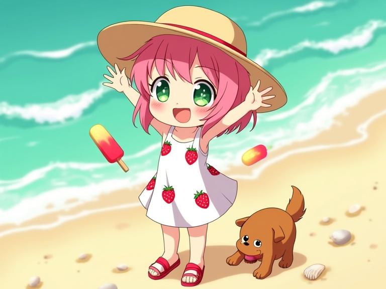 Character Anya Forger at the beach. She wears a sleeveless sundress with strawberries. Pink hair is windswept with a sunhat. Expression is cheerful and bright. Arms raised in joy. Beach background with turquoise waves. Pastel sunset and scattered seashells. Optional dog and popsicle.
