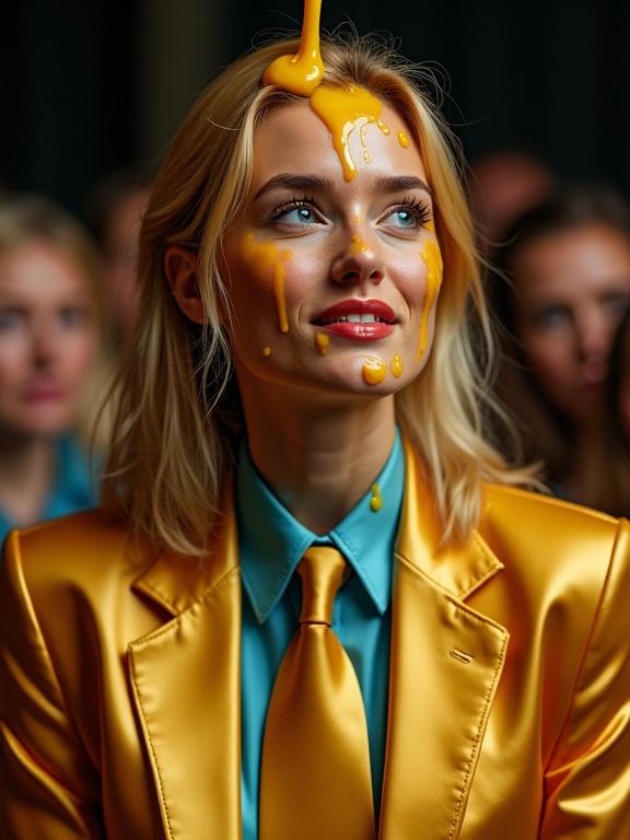 Close up photo of a woman in a shiny gold business suit and blue shirt. Her expression shows annoyance and surprise while giggling. She is covered in green and yellow marmalade. A stream of marmalade is dripping on her head and face.