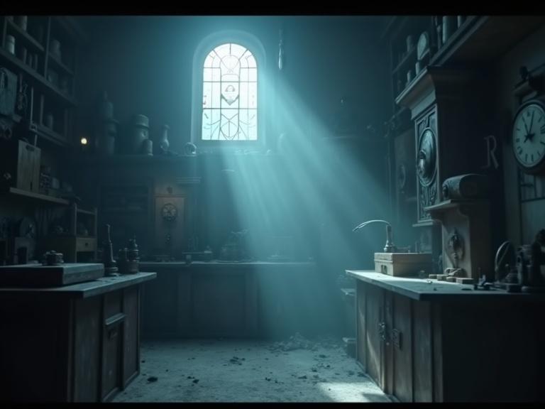 Cinematic wide shot of a dusty clockmaker's workshop. Style of a 3D animated film. Cool and desaturated color palette of blues and grays. Single sunbeam cuts through gloom and illuminates dust motes. Soft melancholic lighting with shallow depth of field.