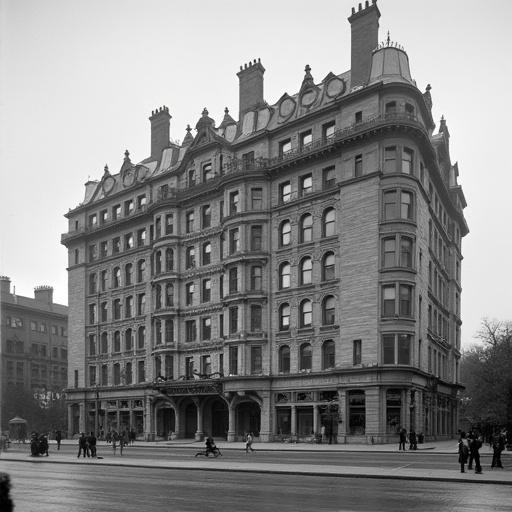 Large hotel from the year 1902 captured in a street view with people nearby.