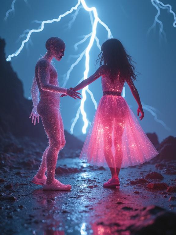 A glowing girl in a chrome sleeveless dress dances with a shimmering translucent alien. They are under a violent neon plasma storm on a forgotten planet. Electric arcs fill the sky above them. The ground is wet and reflective. The view is from below with a wide dynamic angle, showcasing surreal lighting and intense contrast.