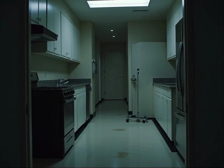 A shadowy kitchen in a New York penthouse. The kitchen appears spotless with a hint of mystery. A cleaning cart sits in the foreground. A dark stain shows on a pristine white shirt. A closed guest room door is half visible in the background. The lighting is moody and the atmosphere feels tense.