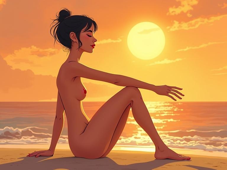 Naked cartoon woman sunbathing on the beach. Extreme arch position. Sunset background.