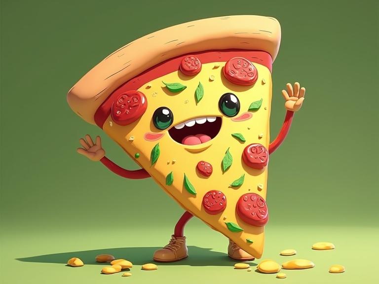 Anthropomorphic pizza slice has a smile and arms. Pizza has green sauce and toppings like pepperoni and basil. Style is cel-shaded painterly 3D anime. Bright and cheerful scene.