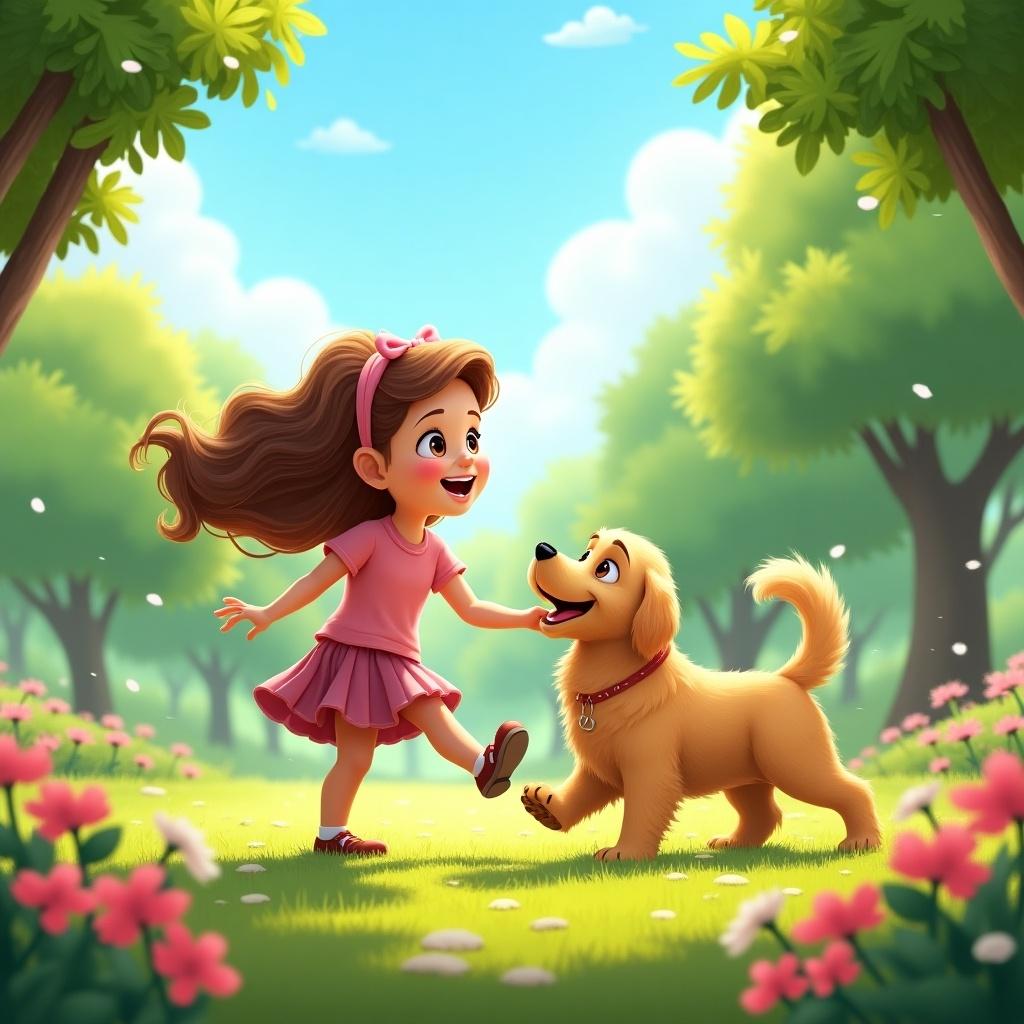 This image depicts a joyful moment between a young girl named Sarah and her golden retriever dog, Archie. They are enjoying a sunny day outdoors, surrounded by vibrant flowers and lush greenery. Sarah is wearing a pink dress and has her hair down, running playfully alongside Archie. Archie's tail is wagging happily as he looks up at Sarah. The scene evokes a sense of friendship and carefree joy, perfect for children's stories. This illustration captures the bond between a child and her pet in a cheerful and picturesque setting.