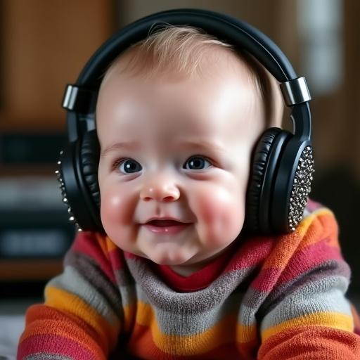 Close-up of a cute baby with chubby cheeks wearing colorful classic European-style baby clothes. Baby's body faces directly forward with a gentle confident smile. Large black metal-studded headphones add a playful heavy metal vibe. Soft natural lighting highlights the facial details. Background is a softly blurred music studio with subtle recording equipment hints.