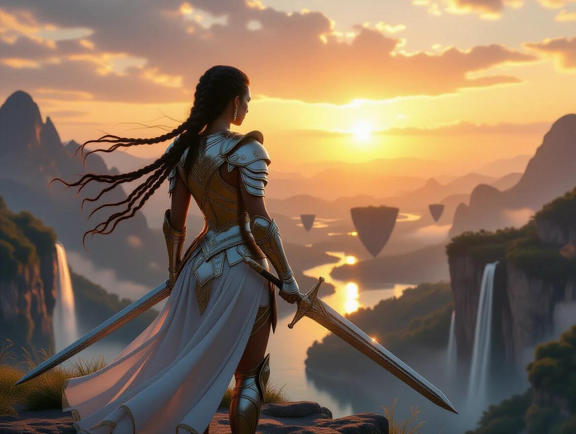 Ultra-realistic cinematic scene of powerful warrior queen on cliff at sunset. Silver armor shines with golden reflections. Wind blows through dark braided hair. Massive sword in hand. Overlooking vast mystical valley with floating islands and waterfalls. Photorealistic textures and lighting. 8K resolution.