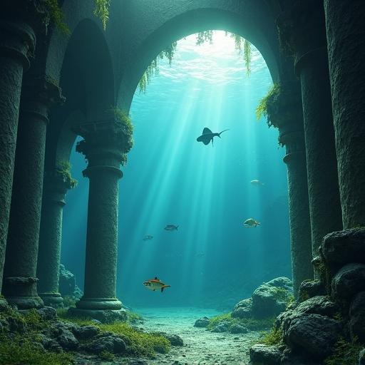 Underwater scene with ancient stone archways and broken columns. Tropical fish and stingrays swimming in sunlight beams. Moss-covered ruins create a tranquil atmosphere. Fantasy realism style enhances depth and mystery.