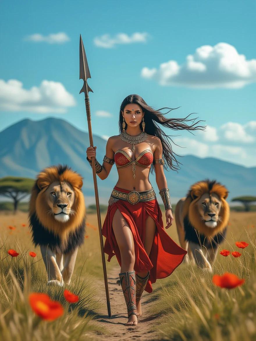 A warrior woman in a bikini holds a spear while walking with two large lions. Bright flowers and trees are in the background with a mountain. The scene is under a blue sky and showcases HDR quality.