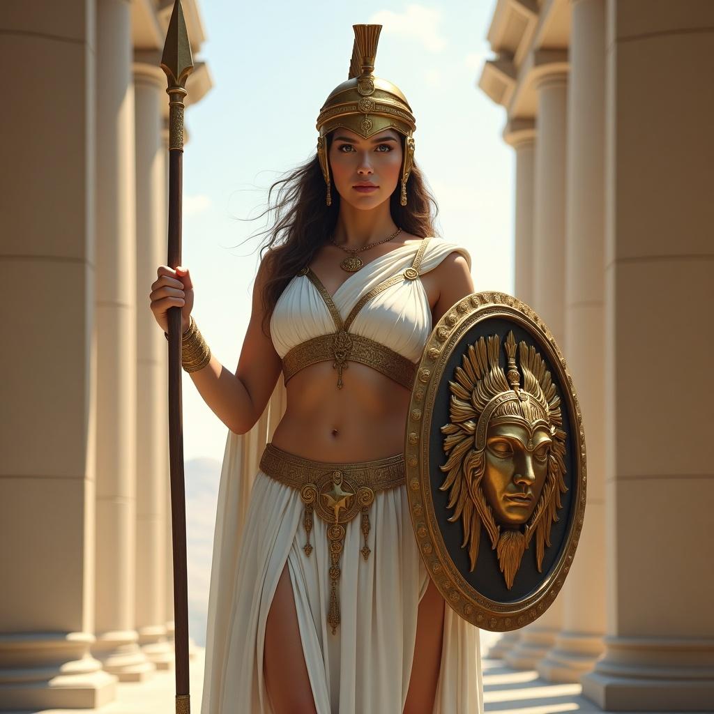 Representation of Athena in a classical pose. The figure holds a spear and a shield adorned with an eagle, wearing a flowing white garment with gold accents.