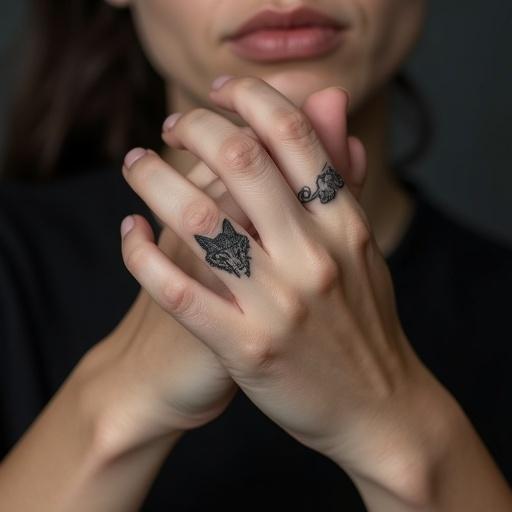 Close-up view of a model's hands with fingers clasped showcasing minimalist single-line wolf head tattoos on both fingers in a studio background.