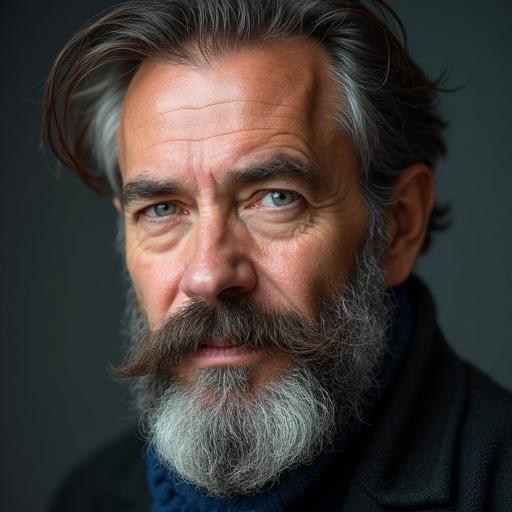 A 57-year-old man with graying hair and beard, piercing blue eyes. Hyper-realistic image portraying strong facial features.