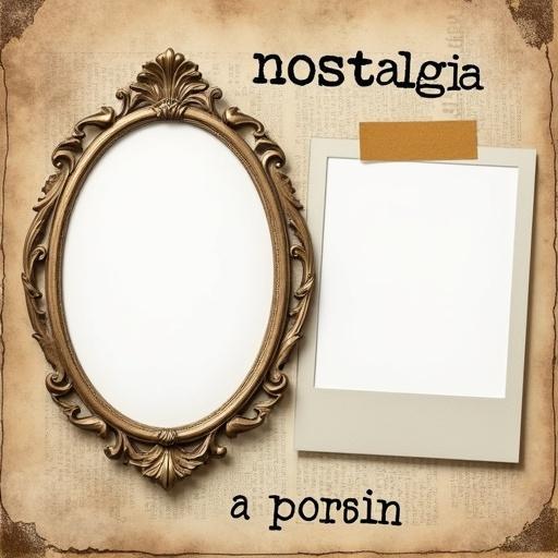 Retro-style photo collage template for personal portraits. Designed to hold two photos with blank cutouts. One oval baroque-style frame in top-left and one tilted polaroid-style frame in bottom-right. Vintage paper-textured background with worn edges and sepia tones. Decorated with five handwritten-style English words: nostalgia, vintage, memory, timeless, soul. Tape strips attaching the frames, subtle newspaper textures, film scratches, typewriter fonts. Image areas take up most of the canvas, frames are decorative and styled, no sample photos inside.