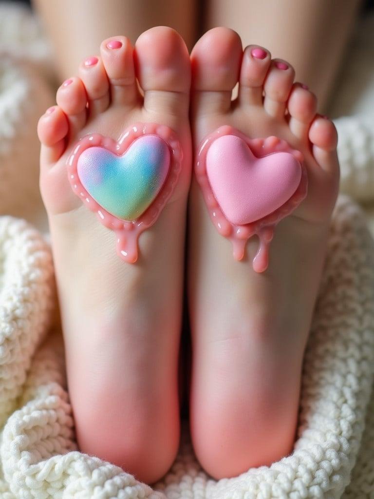 Close up view of feet with a colorful heart-shaped lotion on each foot. The lotion has pink and gradient colors. Feet are placed on a soft surface with knitted texture.