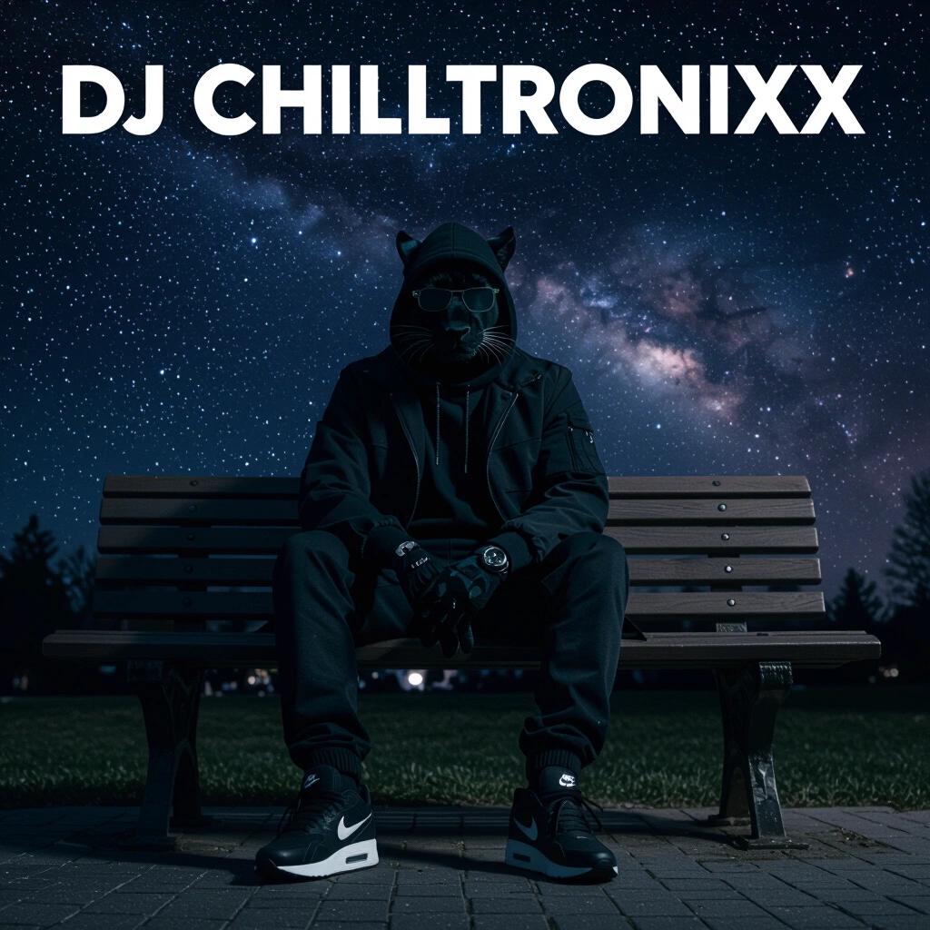 Raw photo taken at night. Dark Vibe. A panther-themed person in stylish clothes. Dark Nike Air Max runners and sunglasses. Sitting on a park bench under a starry nebula sky. Artistic album cover with the title DJ Chilltronixx.