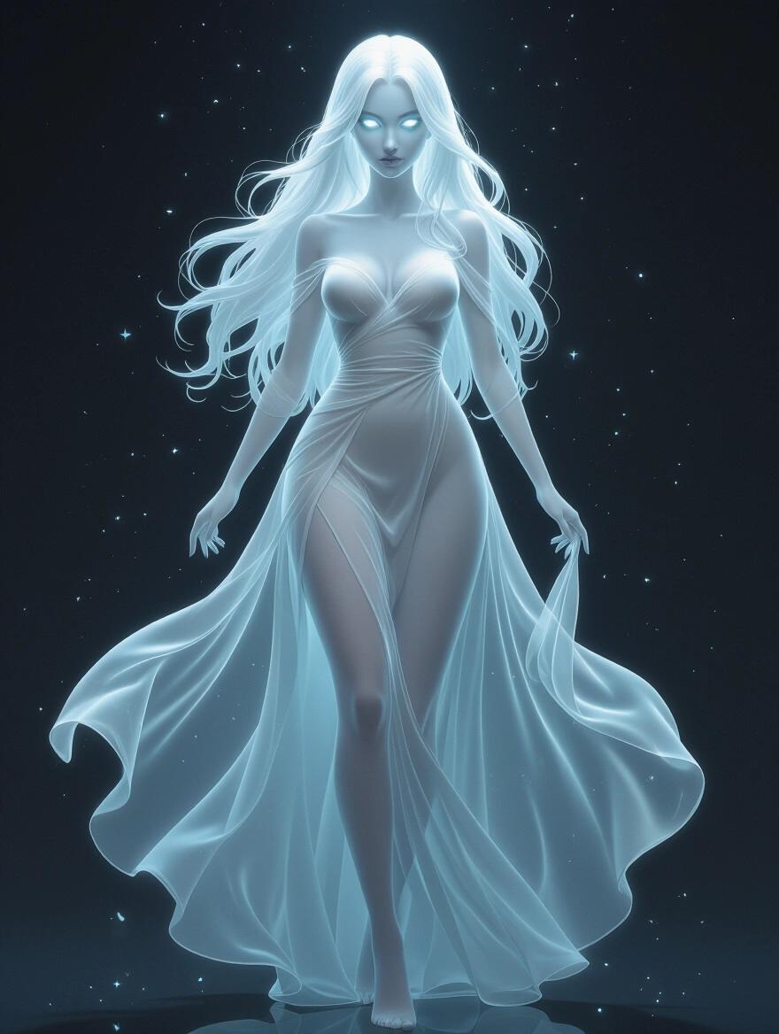 Ethereal female ghost character with glowing soft white and blue hues. Long flowing hair around her. Wears a translucent dress that moves gracefully. Piercing glowing eyes with a sensual gaze. Soft textures with ambient light highlighting her form. Dark background to emphasize the figure. Designed for sublimation printing.