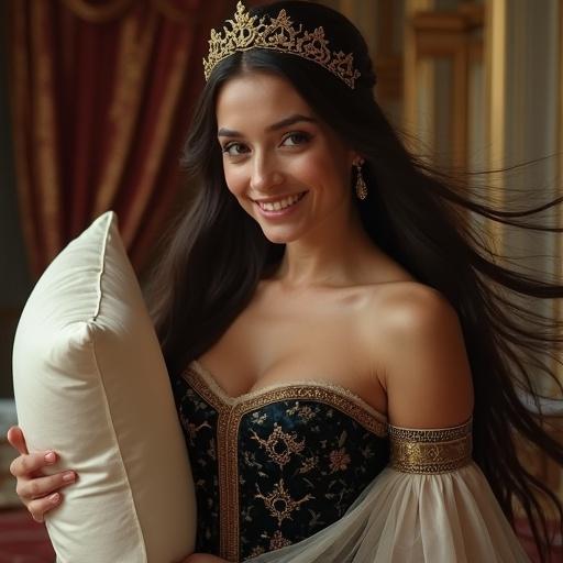 Fantasy queen in luxurious bedroom. 30-year-old woman with porcelain skin. Long flowing dark hair in motion. Delicate golden tiara with runes. Dark velvet bodice with gold embroidery. Translucent silk waist sash swirling. Joyfully holding soft white pillow, playful smile, sparkling eyes. Torso twisted, leaning forward, hair flowing as if in breeze. Soft warm lighting, shadows enhancing form, gold accents in background. High quality, realistic anatomy, exhilarating atmosphere.