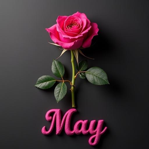 A vibrant fuchsia rose with a slender stem and deep green leaves on a dark gray background. Below the rose is the name 'May' in plush fuchsia felt with ornate script. The lighting creates a warm and intimate atmosphere with a gentle vignette.
