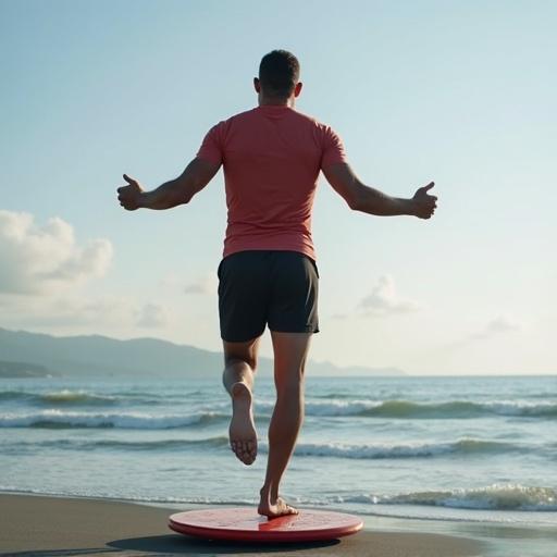 Person is balancing on an unstable circular surface at the beach. Natural scenery in the background. It is daytime with soft clouds in the sky. The beach is visible in the backdrop.