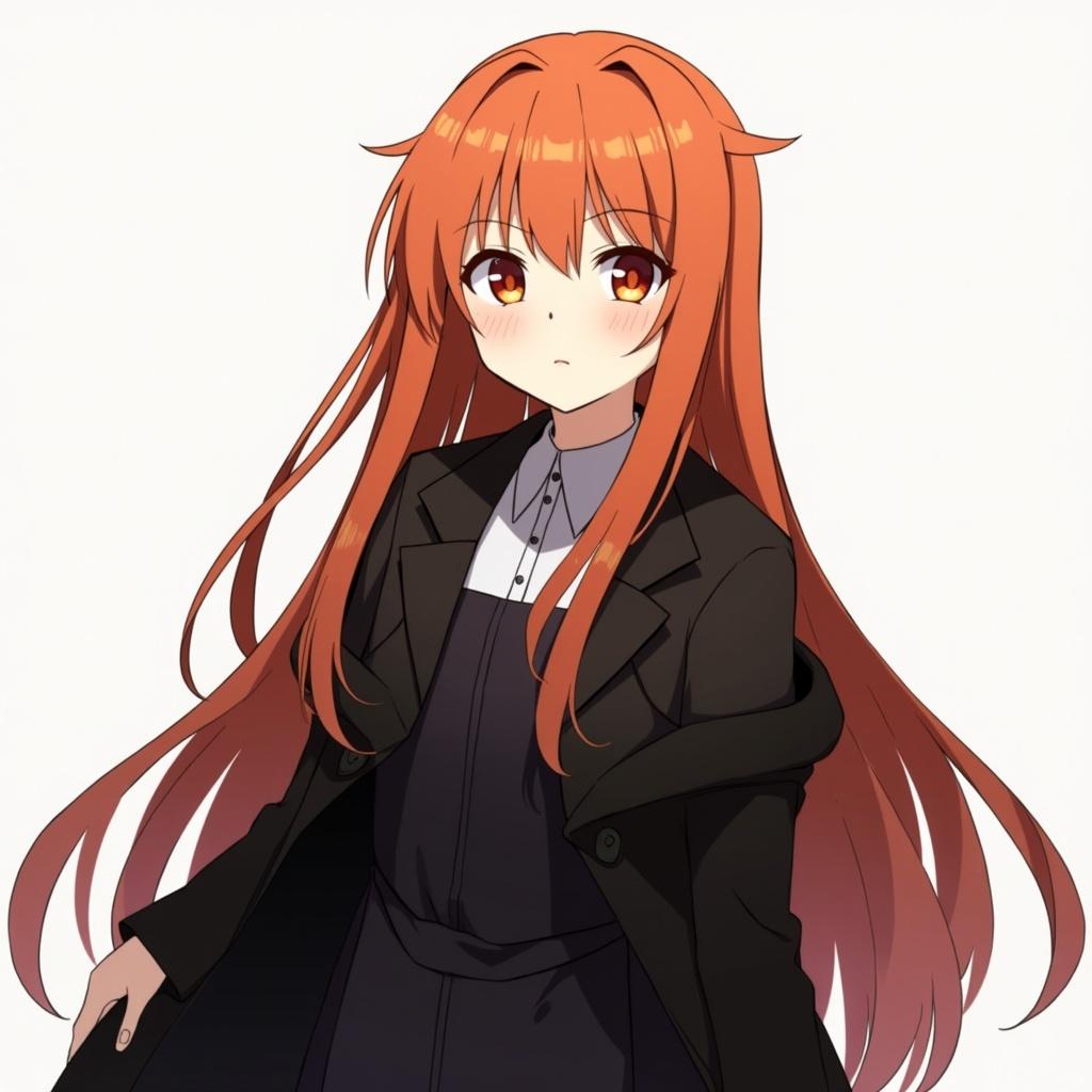 A woman with long dark orange hair wearing a black dress and a black coat in anime style.