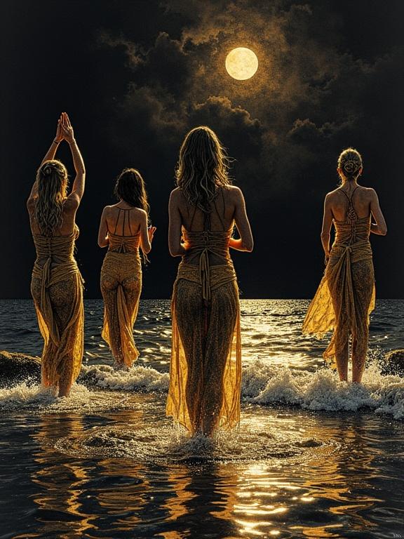 Figures in water rendered with a burnished gold effect. Artwork evokes a watercolor style using ink on a dark canvas. Shiny natural yoga women wading out into the sea.