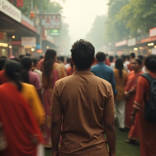 Image of a person standing still in a fast-moving crowd. The person looks lost and detached. The setting appears Indian.