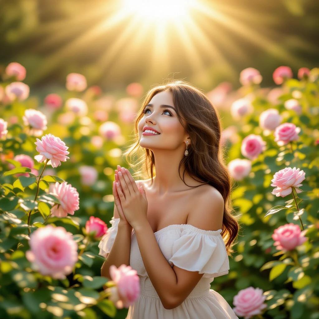 A woman in a pink rose garden looks towards the sunlight that shines down. She has her hands in a prayer position. The garden is filled with blooming pink roses around her.
