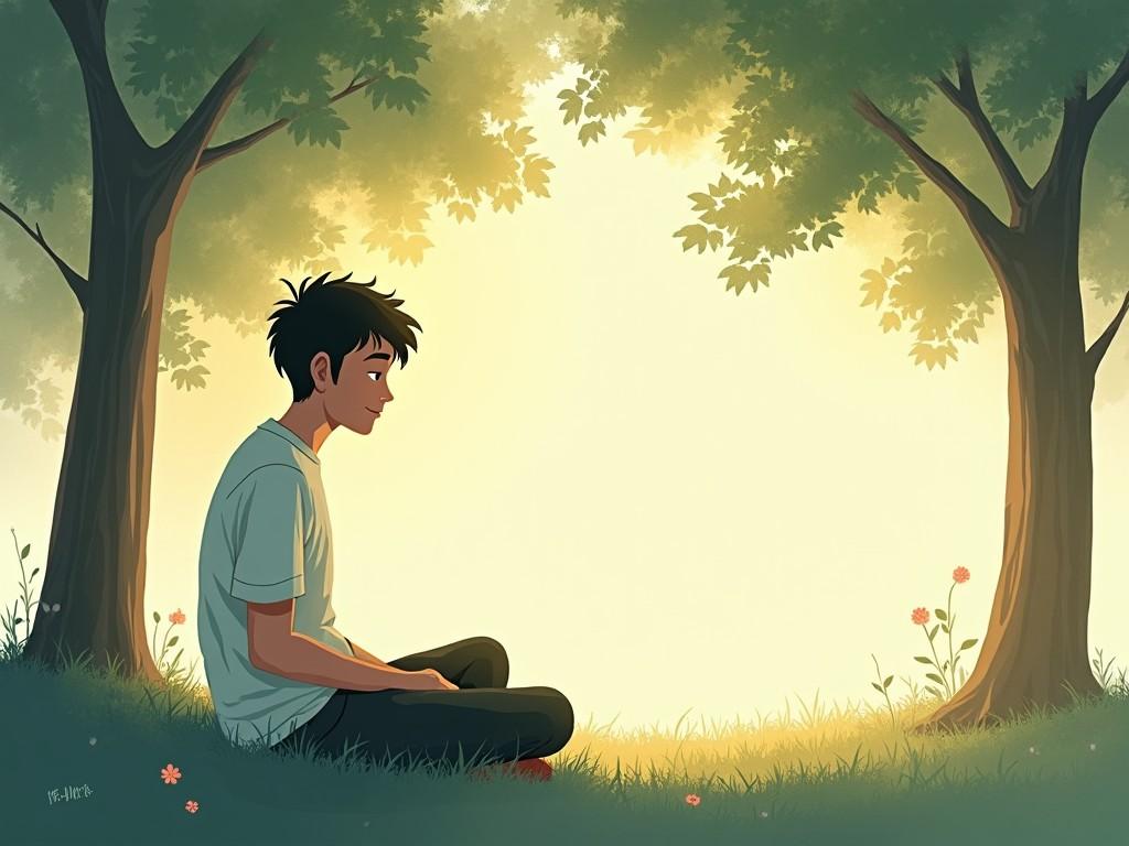 The image shows a young boy sitting peacefully in a natural setting. He is surrounded by two trees that frame the scene. The sunlight shines softly through the leaves, creating a warm and inviting atmosphere. The boy appears to be in deep thought, reflecting on his experiences. Flowers dot the grassy ground around him, adding to the tranquil environment.