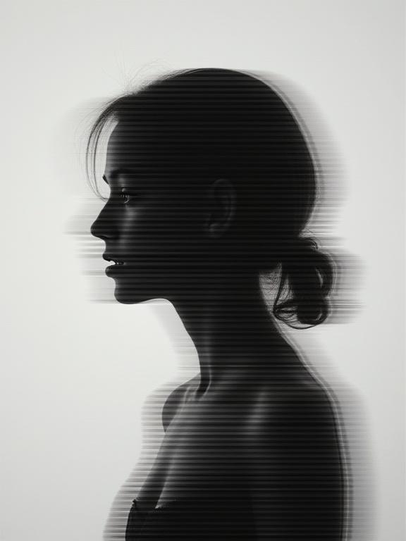 Glitch art featuring linear distortion and digital interference. Vertical portrait of a silhouette against a minimal grey background. The figure is distorted with scan line interference patterns. The image has soft diffused lighting and a corrupted data aesthetic with noise texture.