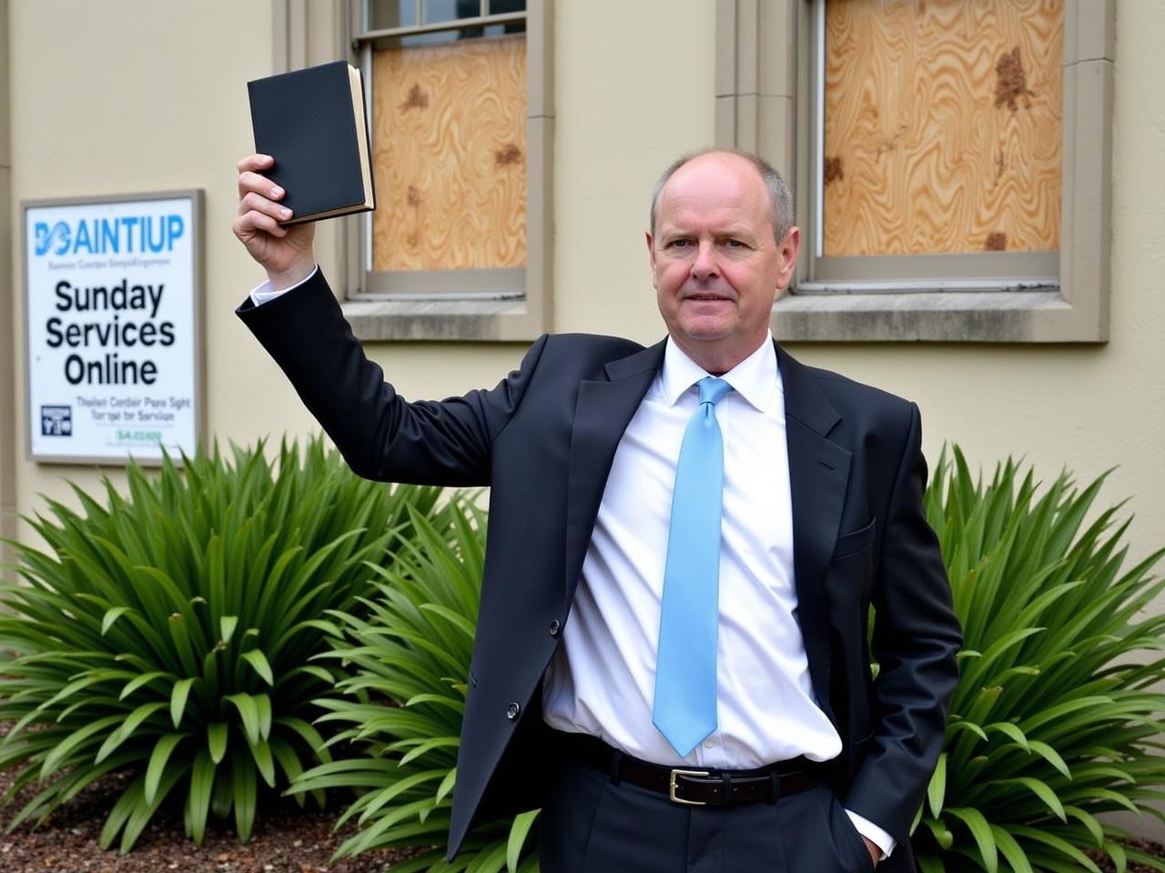 A man is standing outside a church holding a closed book in one hand, raised above shoulder height. He is dressed in a dark suit with a light blue tie, and there is a notable presence of lush green plants and bushes around him. Behind him, a church sign displays information about Sunday services, indicating they are online. The church structure has wooden boards on the windows, suggesting recent events or renovations. There is a sense of solemnity and significance in the man's posture and the setting.