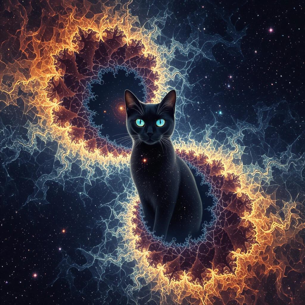 Surreal imagery featuring a digital cat within a mandelbrot fractal. Cosmic and high-tech themes portrayed.
