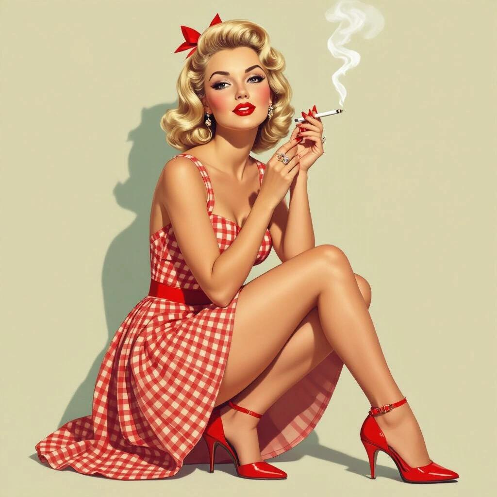 A 1950s housewife with blonde hair sits elegantly. She holds a cigarette with one hand and gazes into the distance. She wears a red and white checkered dress and red high heels. Make-up is perfect. The pose is full body.