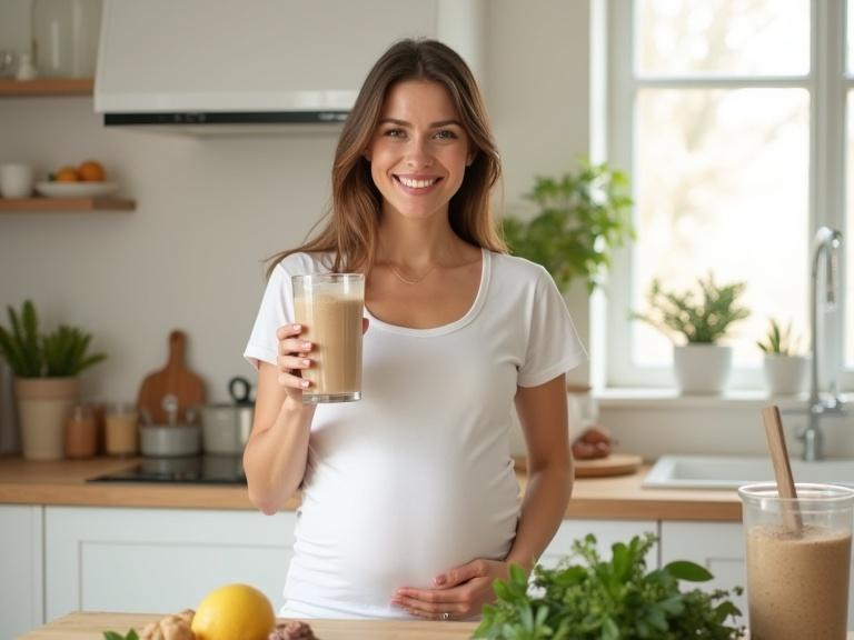 Portrait of a smiling pregnant woman in a minimalist kitchen holding a glass of smoothie. Bright, airy atmosphere with soft natural light. Focus on health and vitality.