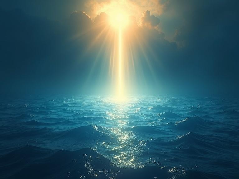 Vision depicting a flooded earth with divine light shining down. Scene shows ocean waters reflecting golden tones and illuminated sky. Symbolic style highlights the contrast between light and darkness in nature.