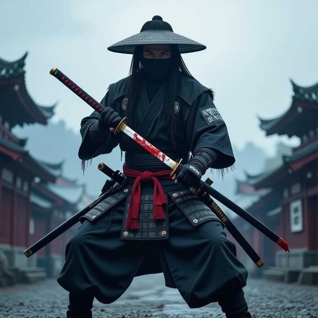 A full-length image of a samurai ninja holding a bloody katana. The ninja stands confidently with a strong pose. The setting is a misty landscape featuring traditional Japanese architecture. The theme is dark and dramatic.