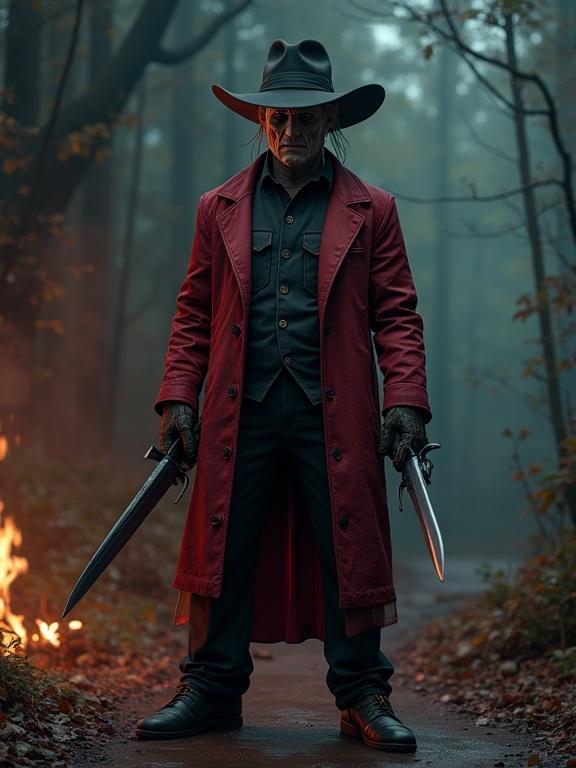 A full-body depiction of a character dressed as Freddy Krueger. The character stands in a forest with a mysterious atmosphere. The outfit has detailed textures and vivid colors. Smoke surrounds the figure. The character holds swords in each hand. The scene evokes a fantasy horror theme.