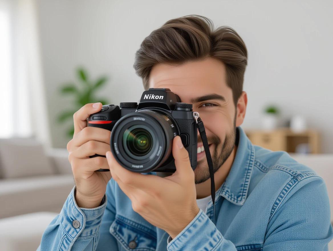 A photographer is looking through the viewfinder of a Nikon Z6 camera. The setting is a beautifully decorated living room without softbox lighting. The photographer appears to be preparing to take a photo.