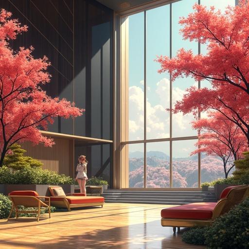 Anime style illustration depicting a futuristic luxurious office space with oversized design. Large windows showcase cherry blossoms outside. Bright noon light enhances the golden and onyx color theme. Main focus on the seating area and modern architecture.