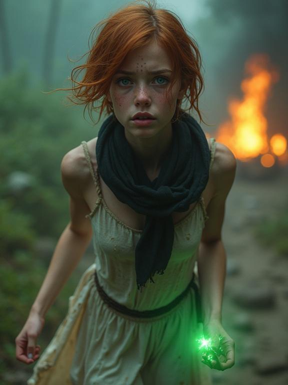 Photorealistic image of a young woman with auburn hair and pale blue eyes. She appears distressed with tears on her cheeks. Wearing a torn dress and a black scarf. Hands emit an emerald green glow. Background shows a burning gallows.